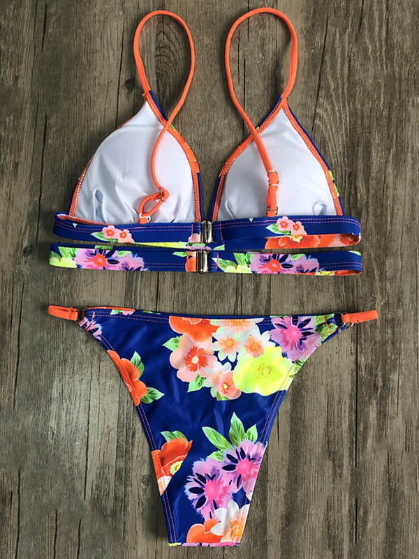 Sexy Floral Printed Triangles Bandage Bikini Swimsuit