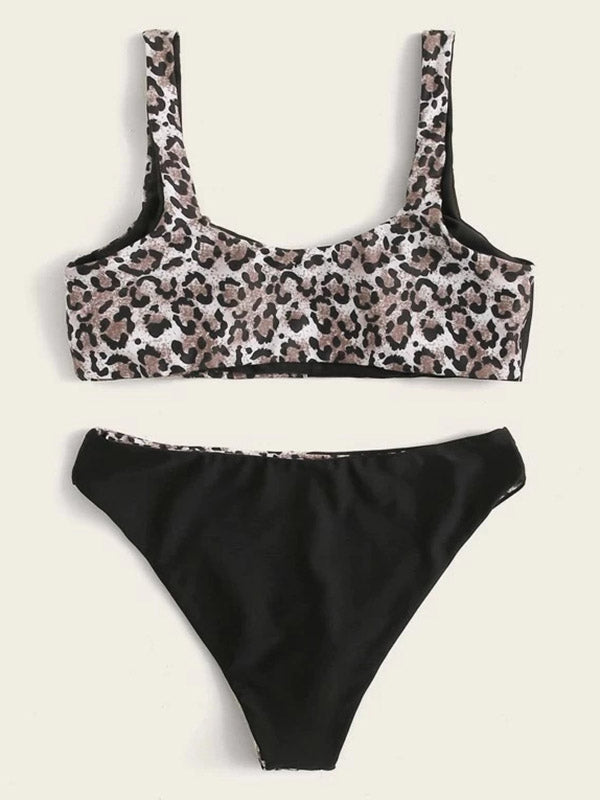 Leopard Print Split-Joint U-Neck Split Bikini Swimsuit