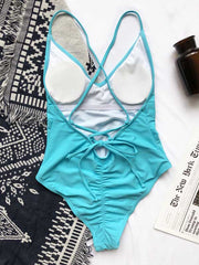 Solid Color V-Neck Backless Bandage Split Bikini Swimsuit