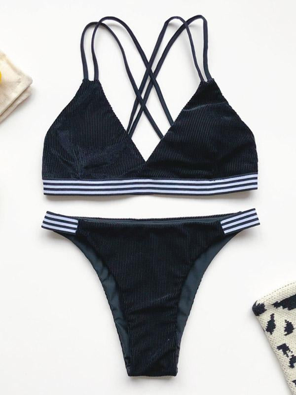 Corduroy Split-Joint Backless Split Bikini Swimsuit