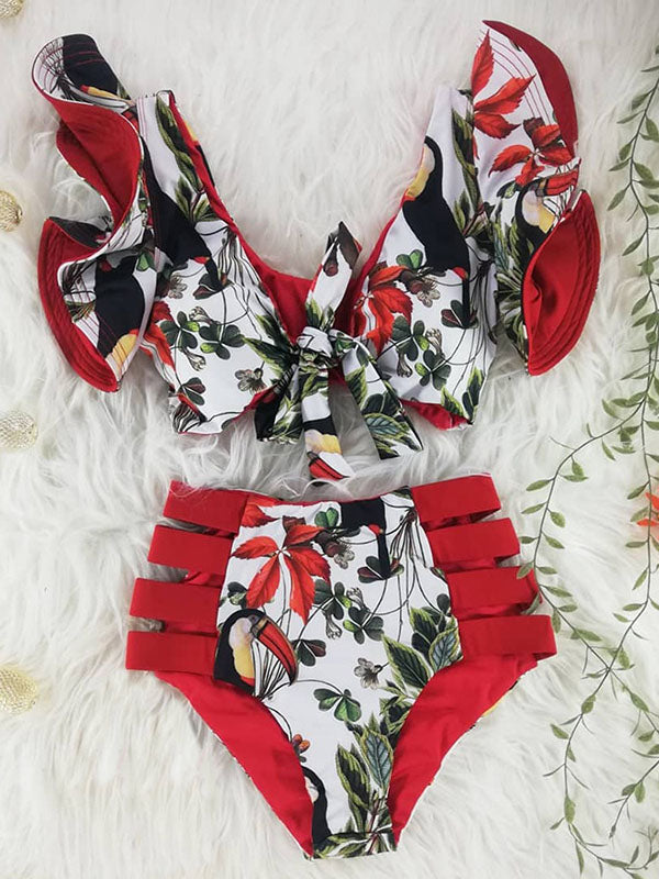 Bikini-Bademode mit Rüschen, Schleife und Blumenmuster und hoher Taille 