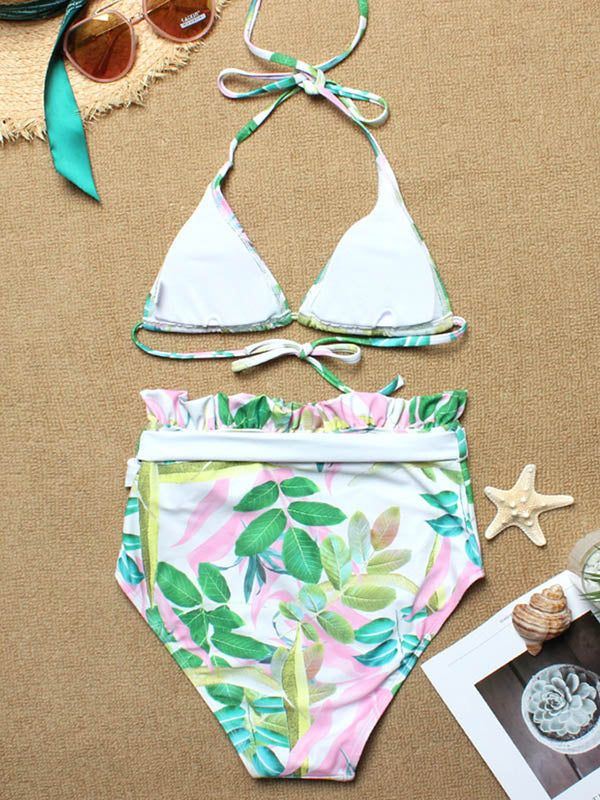 Bikini-Badeanzug mit Blumenmuster, Dreiecken und Bandage im Empire-Stil und Schlitz 