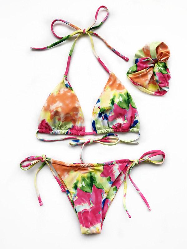 Tie-Dyed Printed Halterneck Split Bikini Swimsuit +Hair Ring