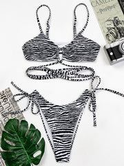 Zebra Print Padded Bandage Tie Side Bikini Swimwear