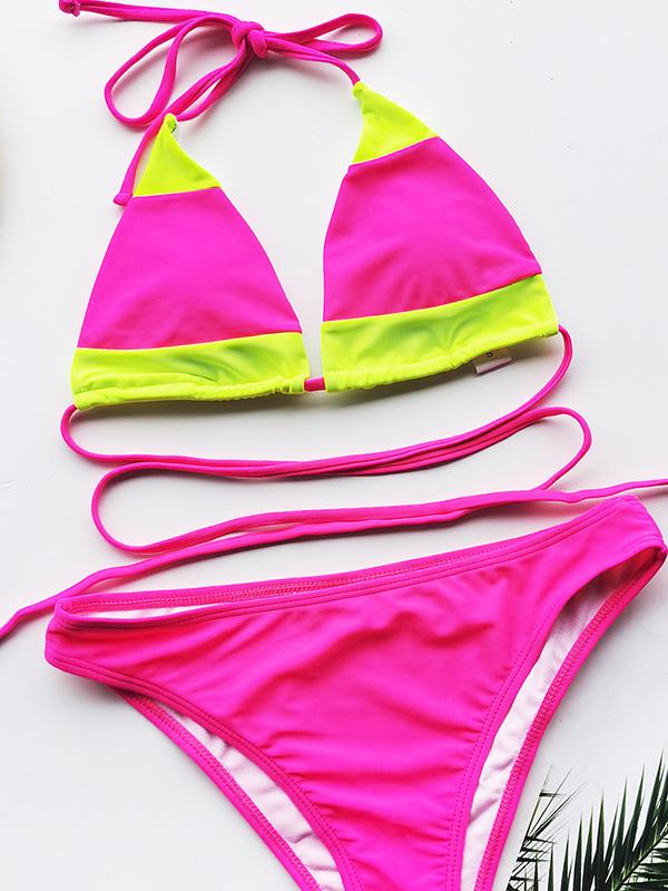 Color-Block Bandage Triangles Split Bikini Swimsuit