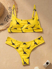 Dinosaur Print Spaghetti-Neck U-Neck Split Bikini Swimsuit