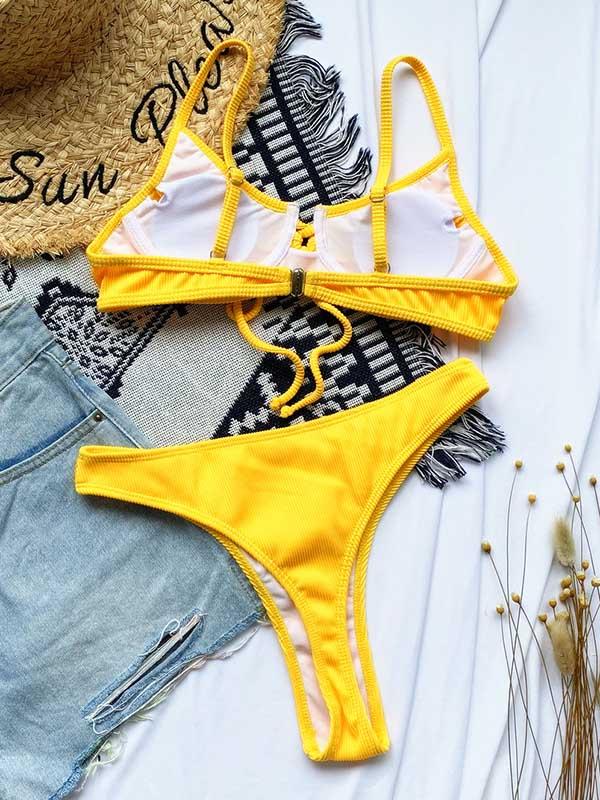 Solid Color Underwired Bandage Split Bikini Swimsuit