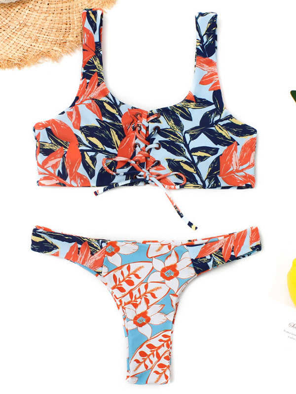 Ärmellose Bandage-Bikini-Bademode mit Blumenmuster und brasilianischem Muster 