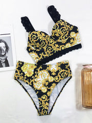 Chinese Style Printing Lace Split Bikini Swimsuit