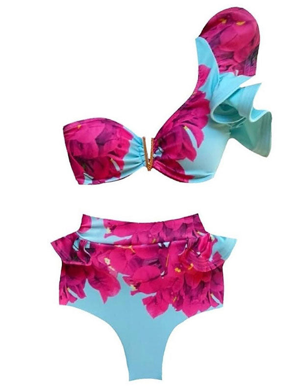 Floral Sleeveless Falbala Bandage Bikini Swimwear