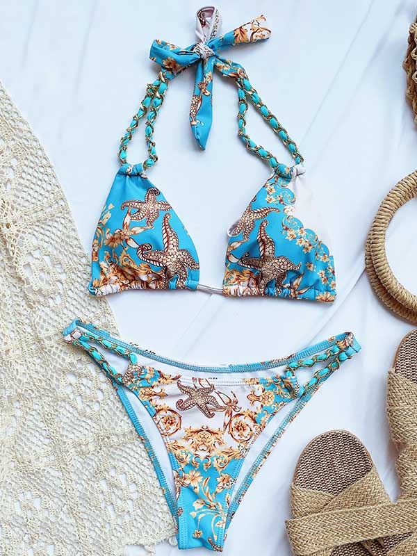 Triangle Printed Bandage Halter Bikini Swimwear