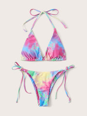 Gradient Printed Triangles Bandage Split Bikini Swimsuit