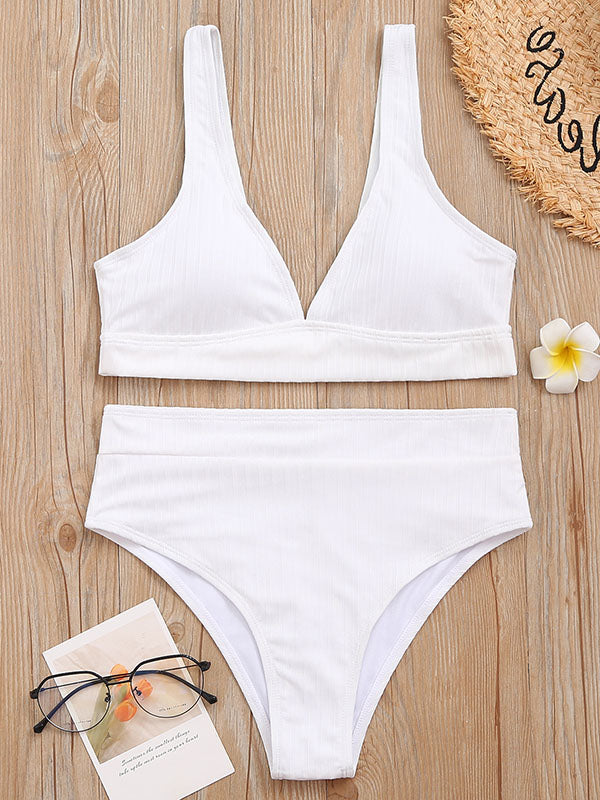 Solid Color Striped Deep V-Neck Split Bikini Swimsuit