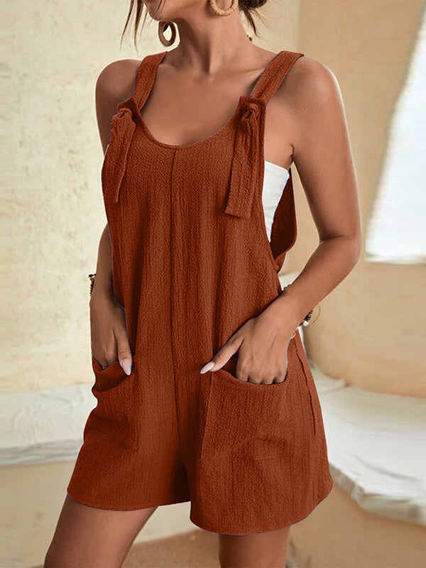 Loose Sleeveless Solid Color U-Neck Rompers