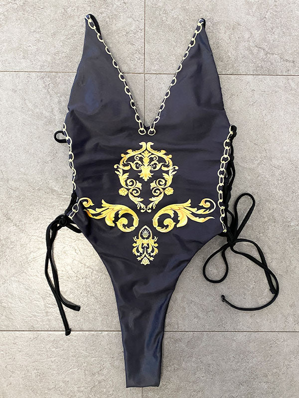 Deep V-Neck Baroque Styles One-Piece Swimwear