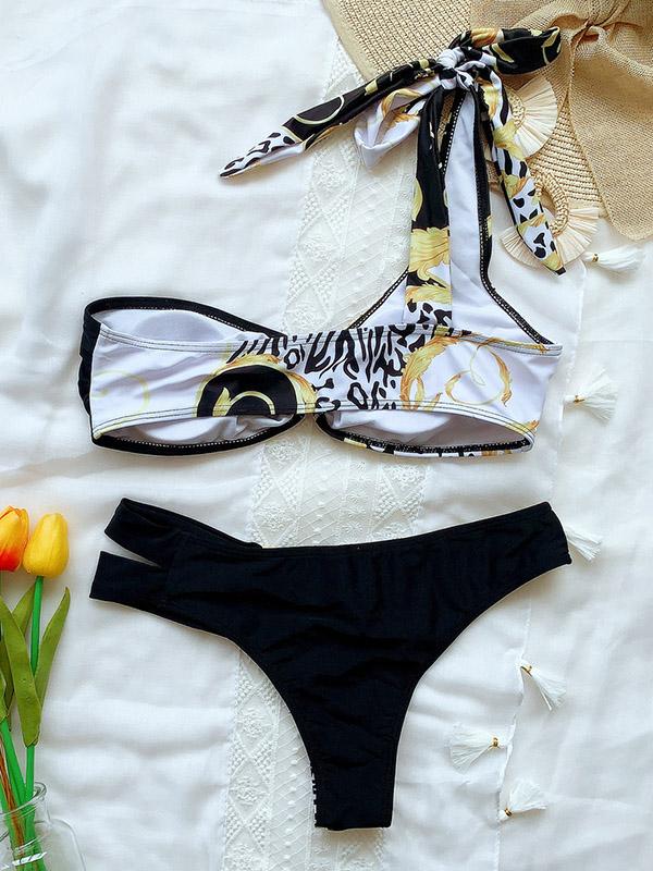 Asymmetric One-Shoulder Printed Split Bikini Swimsuit