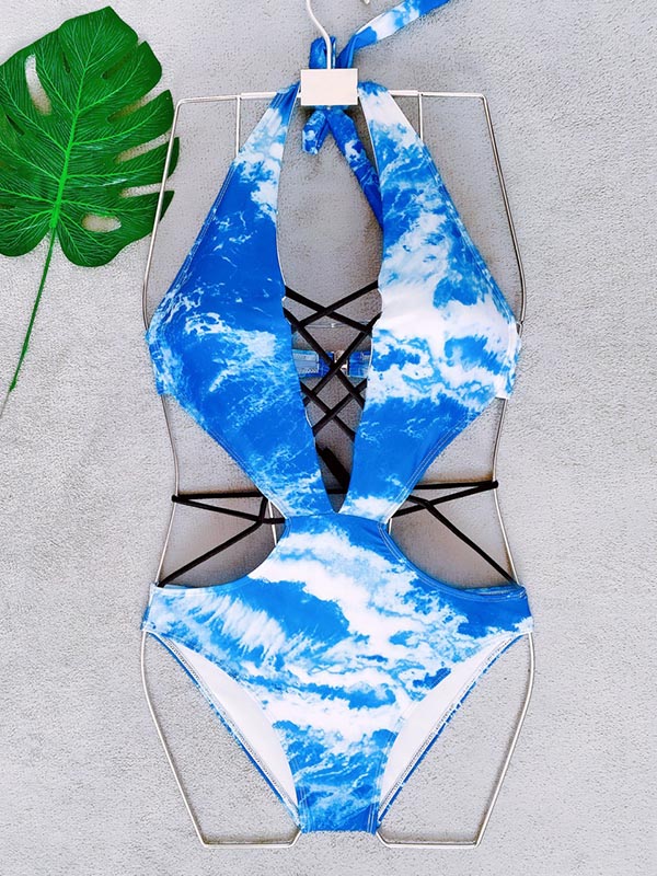 Gradient Printed Bandage Backless One-Piece Swimwear