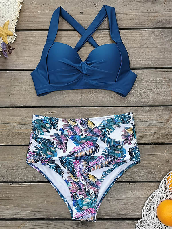 Halter-Neck High-Waisted Floral Bikini Swimsuit