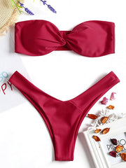 Solid Color Crossed Bandeau Split Bikini Swimsuit