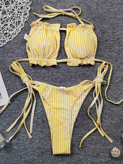 Striped Pleated Backless Bandeau Tie Side Bikini Swimwear