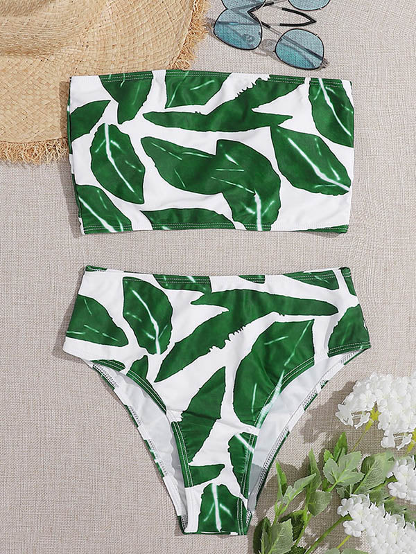 Polychromatic Printed Bandeau Split Bikini Swimsuit