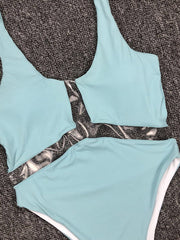 Solid Color See-Through Split-Joint U-Neck One-Piece Swimwear