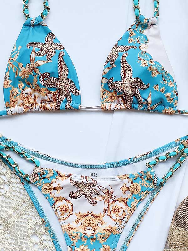 Triangle Printed Bandage Halter Bikini Swimwear