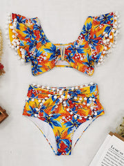 Falbala Short Sleeve Floral-Print Bikinis Swimwear