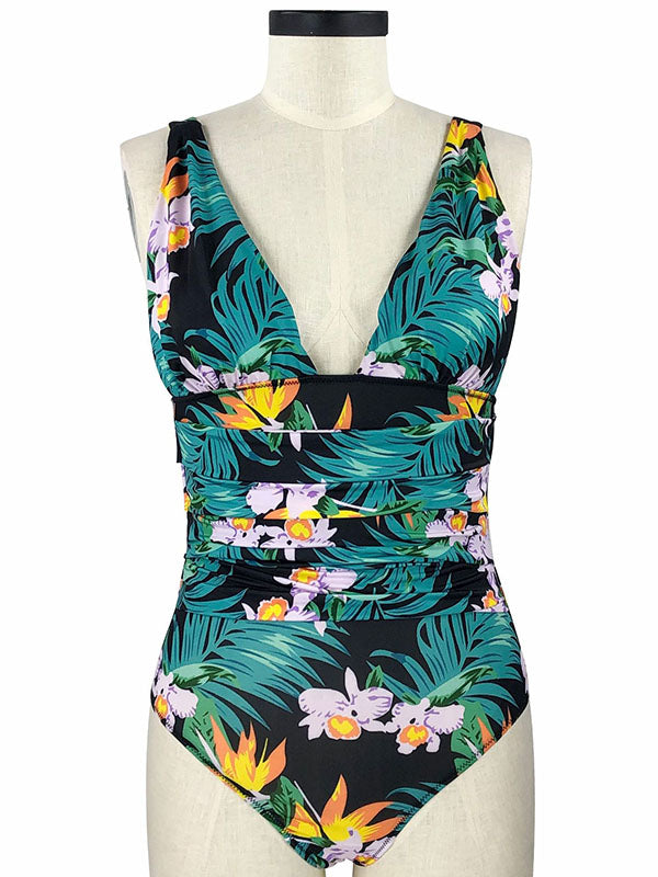 Floral-Print Ruffled Deep V-Neck One-Piece Swimwear