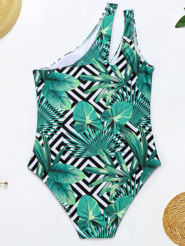 Floral Print One-Shoulder Tight Beach One-Piece Swimwear