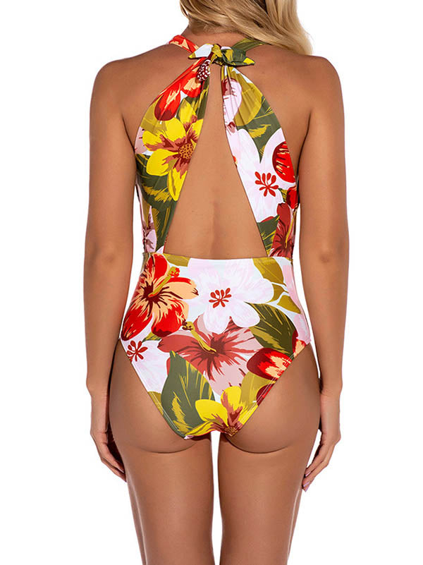 Floral Deep V-Neck Backless One-Piece Swimwear