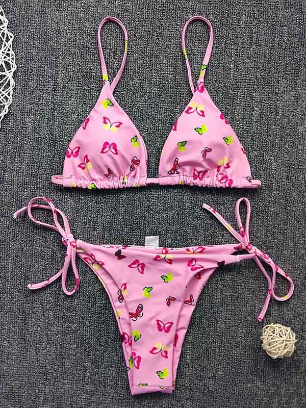 Floral-Print Triangles Bandage Split Bikini Swimsuit