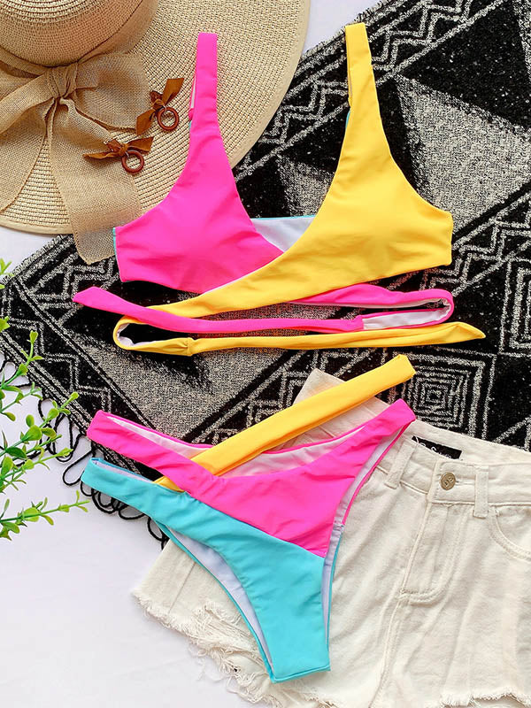 Contrast Color Split-Joint Bandage Asymmetric Split Bikini Swimsuit