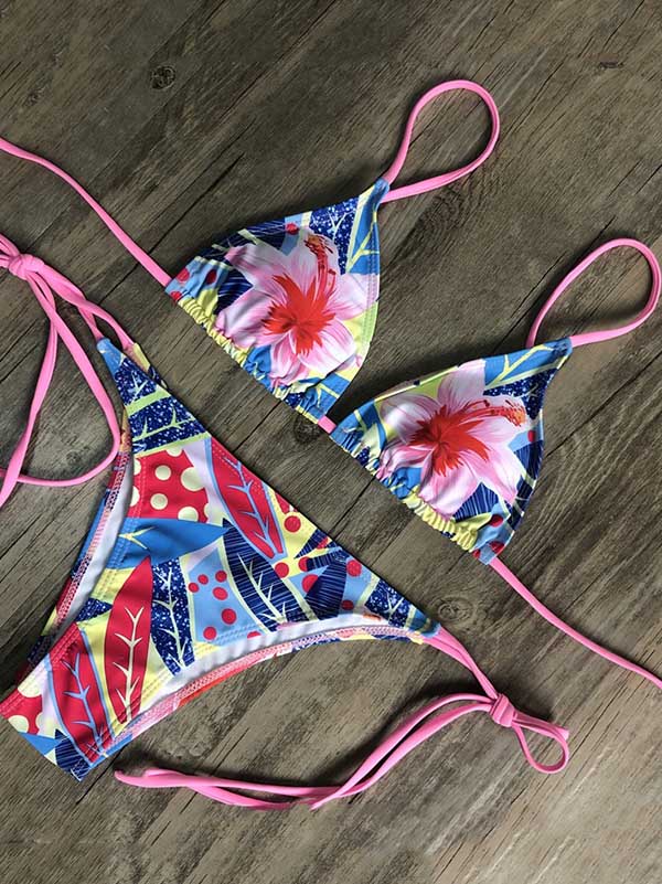 Sexy Floral Printed Triangles Bandage Bikini Swimsuit