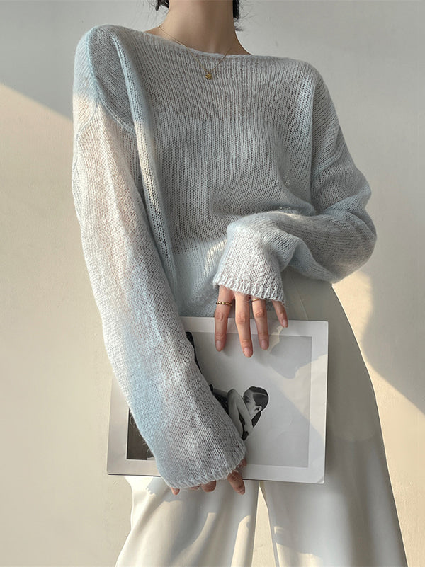 Gentle Mohair Knitted Loose Long Sleeves Solid Color Thin Sweater Tops