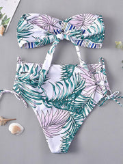 Floral-Print Knotted Bandeau Split Bikini Swimsuit