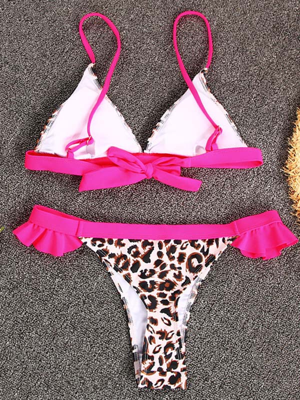 Spaghetti-Neck Lace-Up Leopard Print Bralette Brazilian Bikini Swimwear