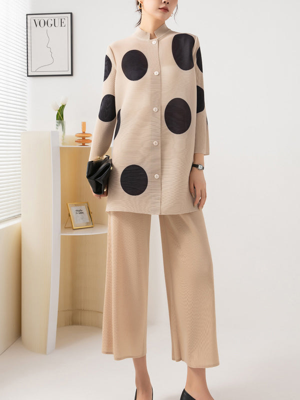 Long Sleeves Loose Pleated Polka Dot Stand Collar Two Pieces Set