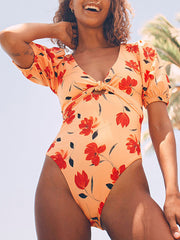 Short Sleeve V Neck One-Piece Swimwear