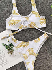 Floral-Print Shiny Hollow Split Bikini Swimsuit