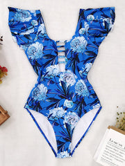 Falbala Short Sleeve Hollow Floral Print One-Piece Swimwear