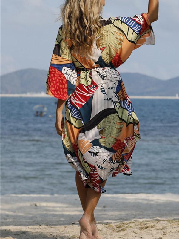 Floral-Print Belted Long Sleeve Tunicshang Cover-Ups