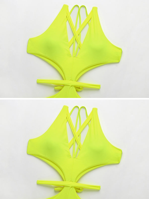 Sexy Fluorescent Color Bandage Hollow One-Piece Swimwear