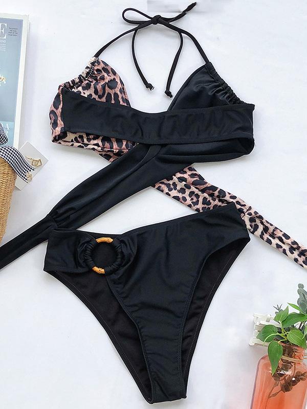 Stylish Split-Joint Bandage Embellished Split Bikini Swimsuit