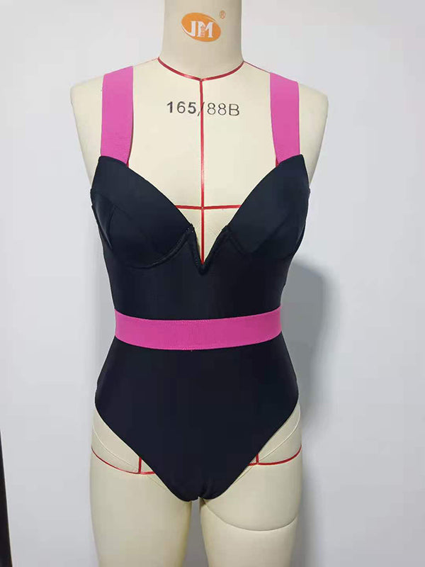 Sleeveless V-Neck Underwired Color-Block Elasticity One-Piece Swimwear