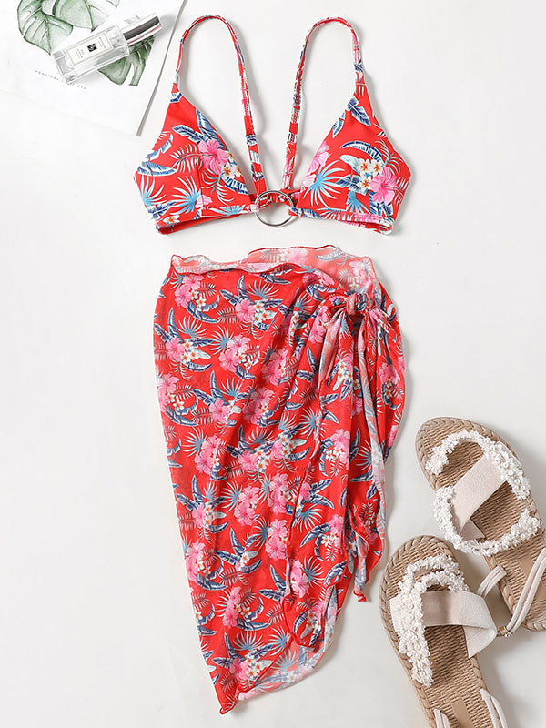 Three-Piece Floral Print Bandage Tie Side Bikini Swimwear