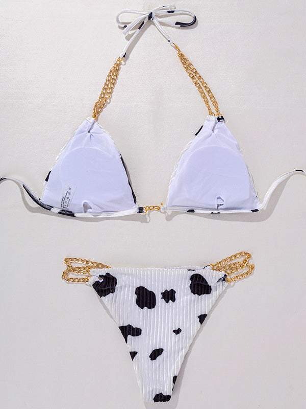 Halterneck Chain Split-Joint Cow Print Triangles Bikini Swimwear