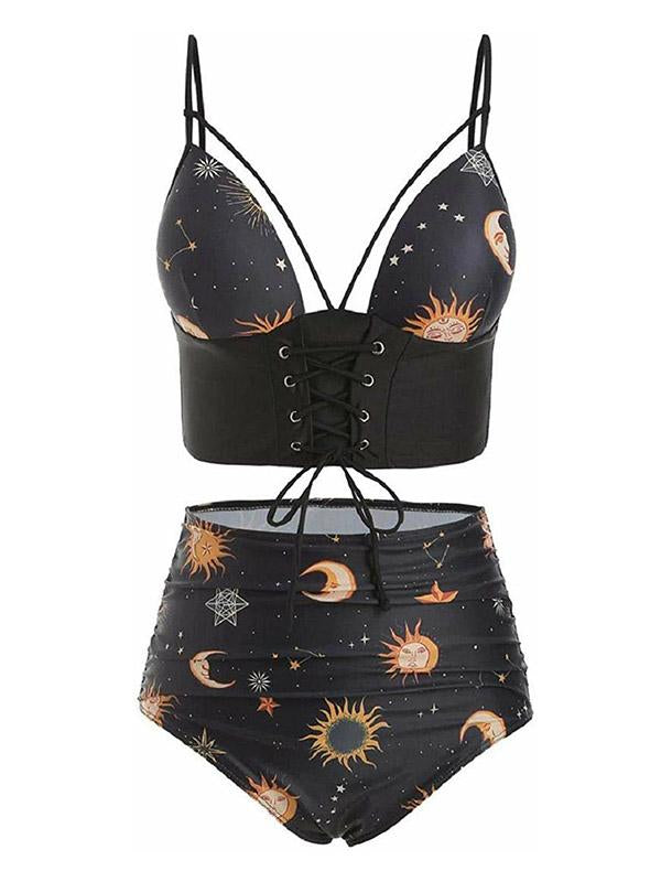 Sexy trägerloser Bandage-Bikini-Badeanzug mit geteiltem Sonnen- und Mond-Print 