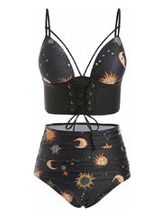 Sexy trägerloser Bandage-Bikini-Badeanzug mit geteiltem Sonnen- und Mond-Print 