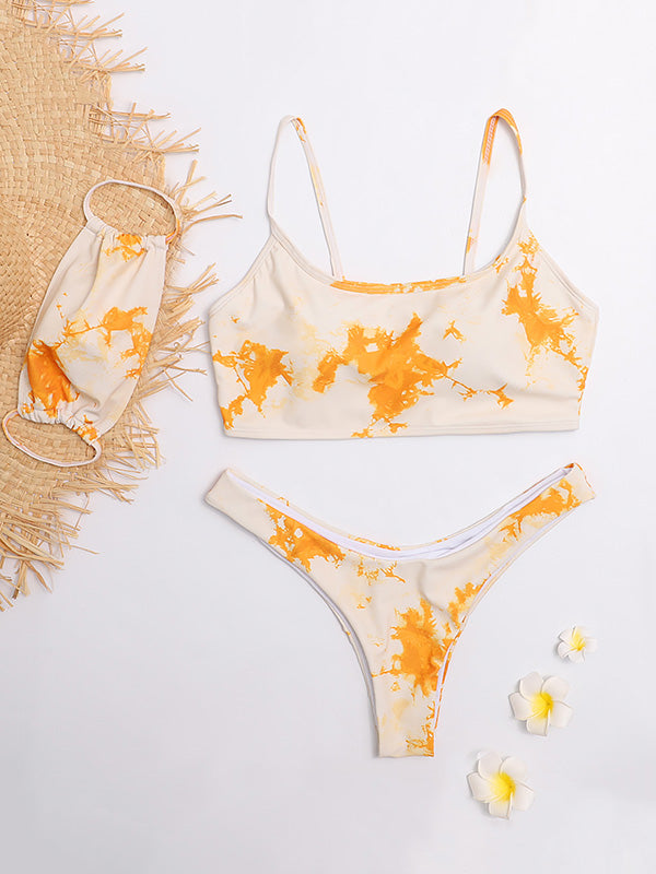 Batik-Bikini-Badeanzug mit Spaghetti-Ausschnitt und Farbverlauf + Maske 